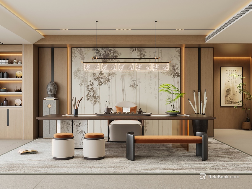 Traditional Tea Room Interior With Decorative Wall Painting Tea Set Wooden Table And Potted Plant 3d model 