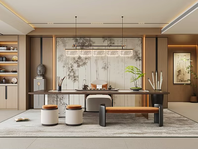 Zen New Chinese Tea Room Song Dynasty Aesthetic Background Wall Tea Table and Chair Combination New Chinese Chandelier Buddha's Head Ornaments Balcony Decorative Cabinet 3d model