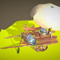 Rustic Wooden Cart Featuring Umbrella Milk Can Shovel And Wooden Wheel