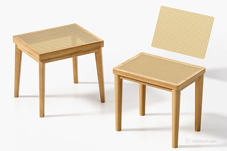 Modern Wooden Stools With Woven Seat Design For Home Interior Decoration 3d model 