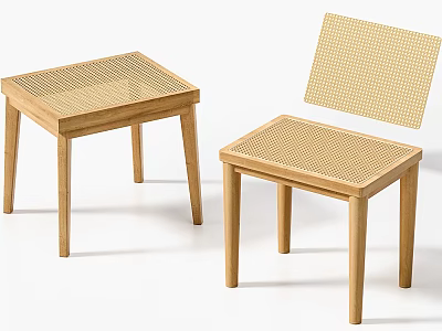 Modern Wooden Stools With Woven Seat Design For Home Interior Decoration 3d model