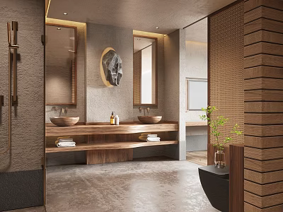 Modern Hotel Bathroom Interior With Double Sinks Wooden Vanity And Green Plant 3d model