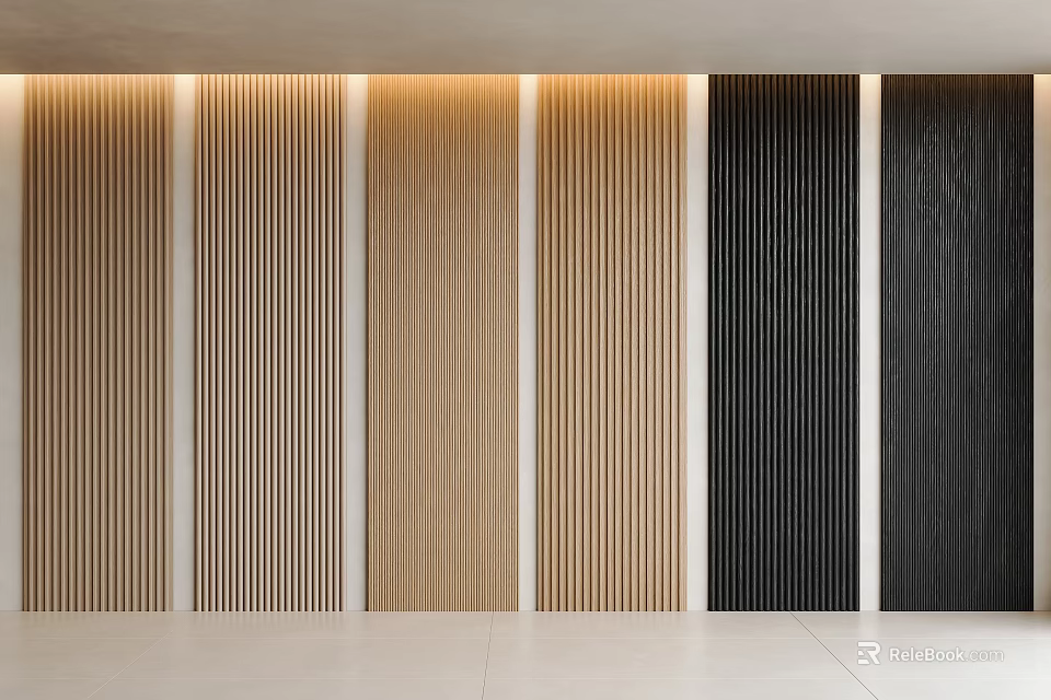 Elegant Modern Wooden Striped Background Wall With Vertical Panels And Various Color Tones 3d model 
