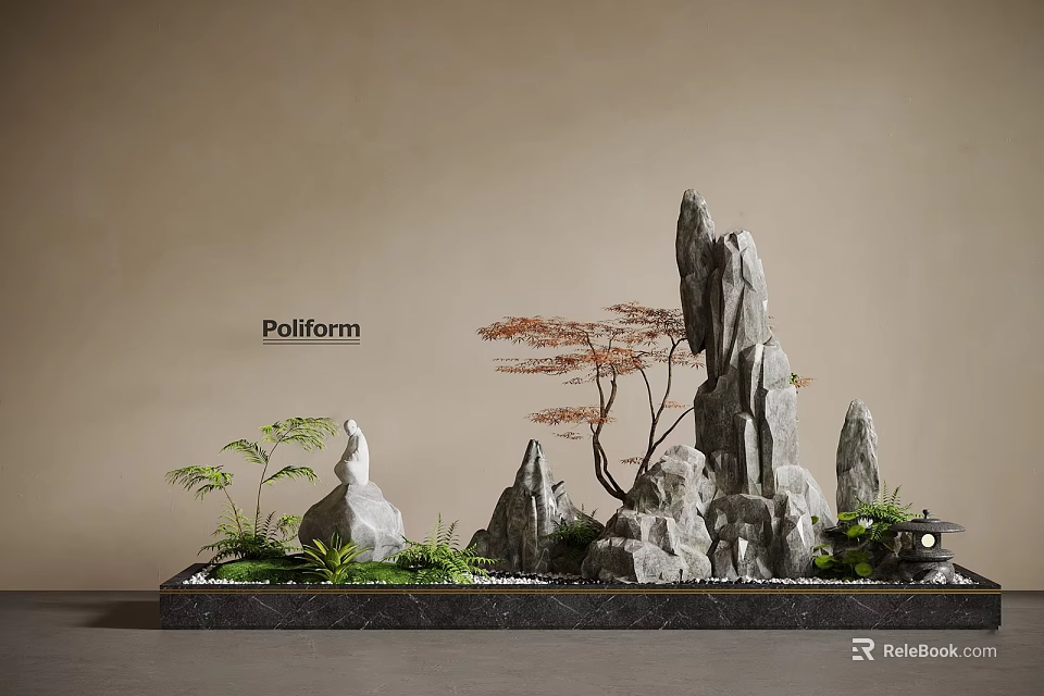 Rockery Stones with Ornamental Plants Small Trees and Garden Landscape Design 3d model 