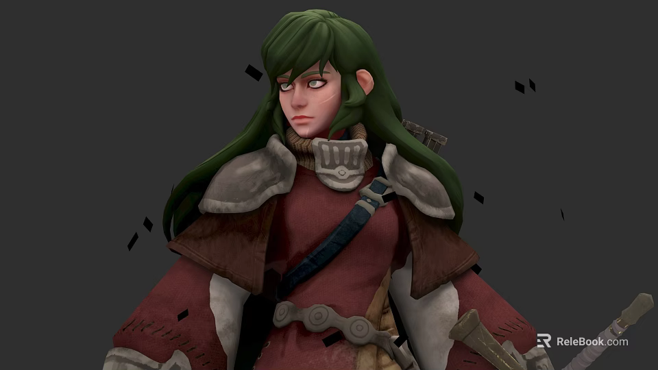 Green Haired Warrior Character In Red Brown Armor With Shoulder Straps And Shards 3d model 