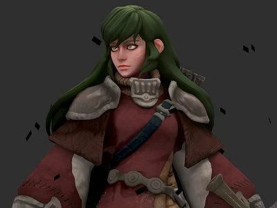 Green Haired Warrior Character In Red Brown Armor With Shoulder Straps And Shards 3d model