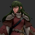 Green Haired Warrior Character In Red Brown Armor With Shoulder Straps And Shards