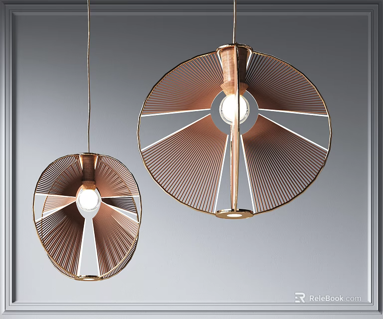 Dual Modern Metallic Pendant Lights With Round Frame Radiating Lines And Illuminated Bulb 3d model 