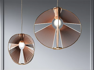 Dual Modern Metallic Pendant Lights With Round Frame Radiating Lines And Illuminated Bulb 3d model
