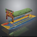 Traditional Decorative Water Transport Boat with Green Canopy Colorful Decorations Blue Yellow Hull and Seats
