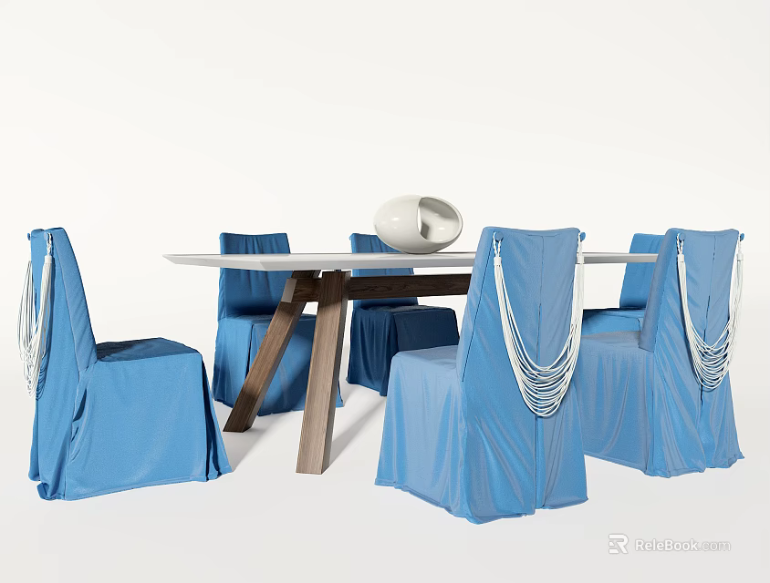 Dining Table Set With Blue Chair Covers White Tassel Decor And Wooden Frame 3d model 