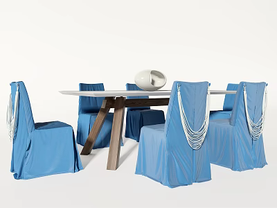 Dining Table Set With Blue Chair Covers White Tassel Decor And Wooden Frame 3d model