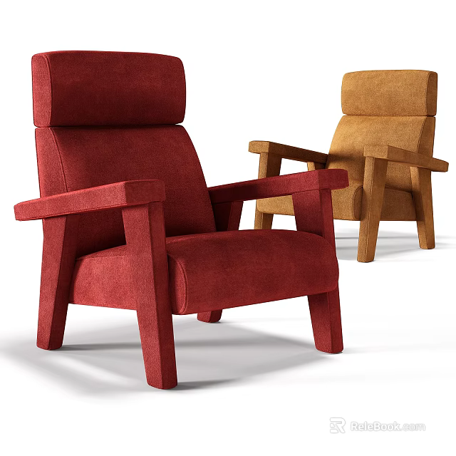 Red and Brown Upholstered Single Sofa with Simple Design Wooden Arms and Legs 3d model 