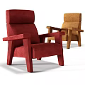 Red and Brown Upholstered Single Sofa with Simple Design Wooden Arms and Legs
