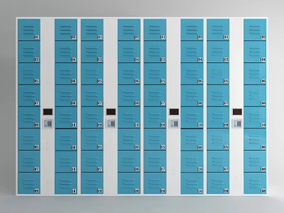 Row Of Blue Metal Storage Lockers With Multiple Compartments And Secure Doors 3d model