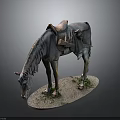 Bronze Horse Statue With Saddle Bowing Head On Grass Covered Base