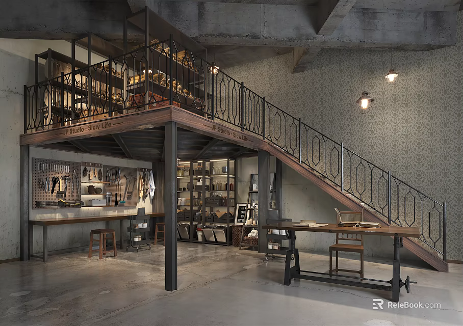 Industrial Style Public Office Space With Loft Mezzanine Metal Staircase Bookshelves And Worktables 3d model 