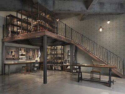 Industrial Style Public Office Space With Loft Mezzanine Metal Staircase Bookshelves And Worktables 3d model