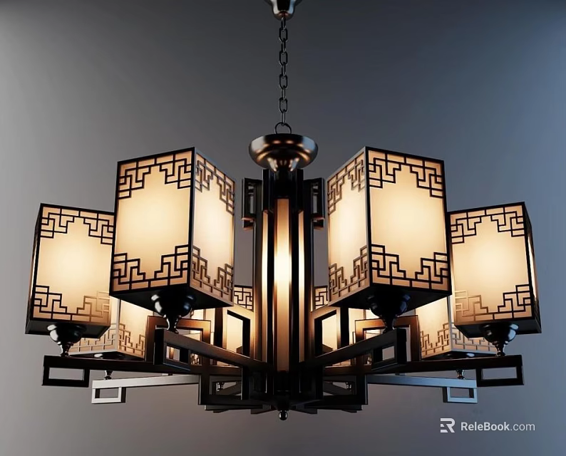 Chinese Style Chandelier with Square Shades Featuring Geometric Patterns and Classic Illuminated Design For Interior 3d model 