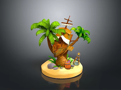 Whimsical Treehouse Building With Tropical Palm Trees Sandy Base Stones And Wooden Ladder 3d model