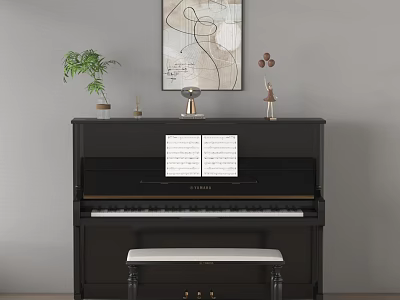 Artistic Interior With Black Piano Wall Painting Sculpture Sheet Music And Art Decor 3d model