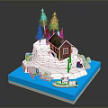 Red House With Solar Panel On Snowy Island Surrounded By Pine Trees Small Boat And Water