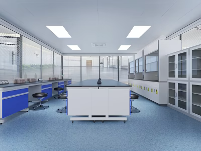 Modern Laboratory Interior Design With Lab Benches Cabinets And Large Windows 3d model