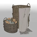 Gray Wicker Storage Baskets with Rolled Items and Blanket for Home Organizing 3d model