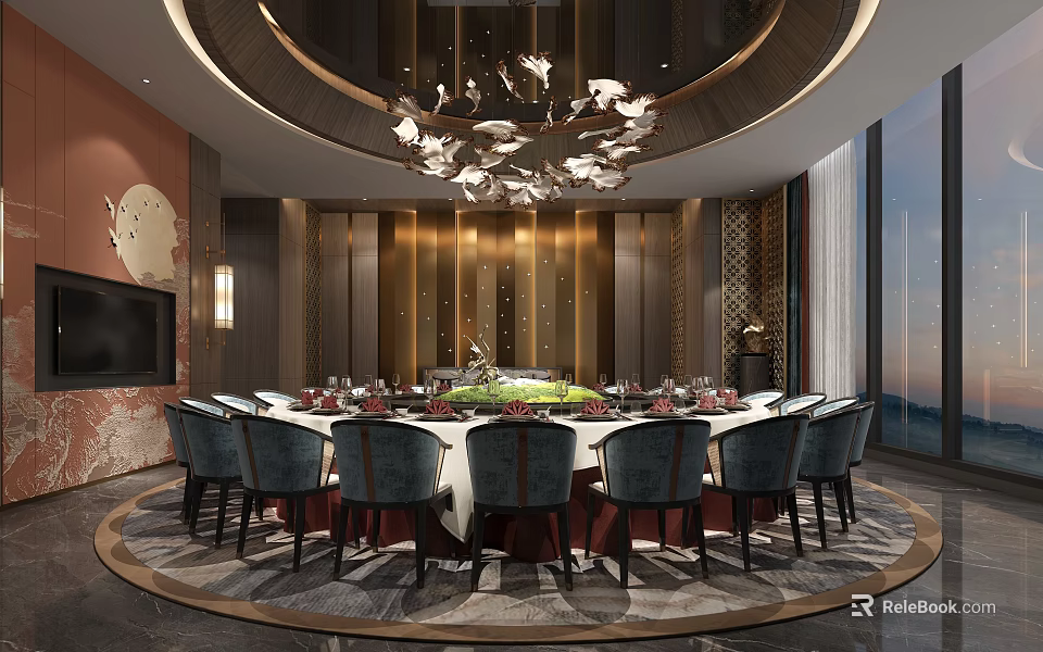 Luxury Chinese Style Private Dining Room With Round Table Blue Chairs Wooden Panels And Chandelier 3d model 