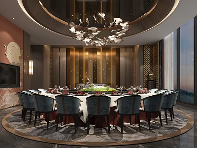 Luxury Chinese Style Private Dining Room With Round Table Blue Chairs Wooden Panels And Chandelier 3d model