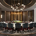 Luxury Chinese Style Private Dining Room With Round Table Blue Chairs Wooden Panels And Chandelier