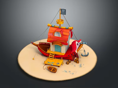 Miniature Pirate Ship Cabin With Red Hull Black Flag Wooden Ladder Small Boat And Anchor 3d model