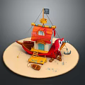 Miniature Pirate Ship Cabin With Red Hull Black Flag Wooden Ladder Small Boat And Anchor