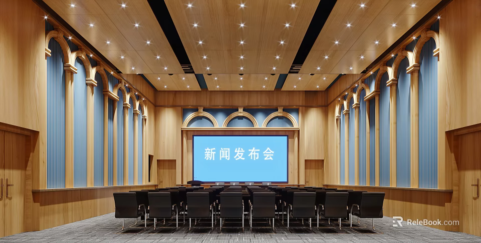Modern Conference Room With Large Press Conference Screen Wooden Walls And Black Chairs 3d model 