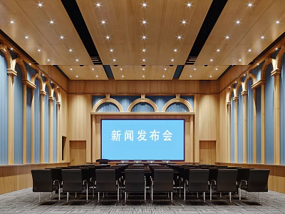 Modern Conference Room With Large Press Conference Screen Wooden Walls And Black Chairs 3d model