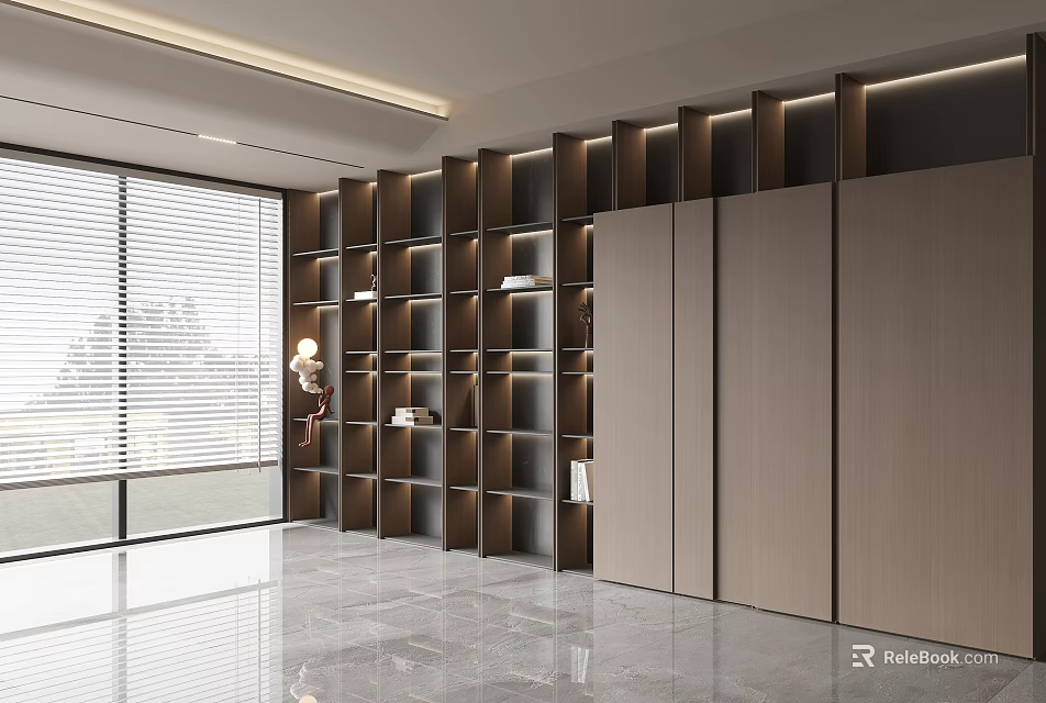 Modern Wooden Decorative Cabinet Interior With Grid Design LED Lighting And Large Window 3d model 