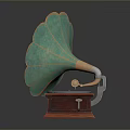 Vintage Phonograph with Teal Horn Gold Floral Patterns and Wooden Base Classic Design