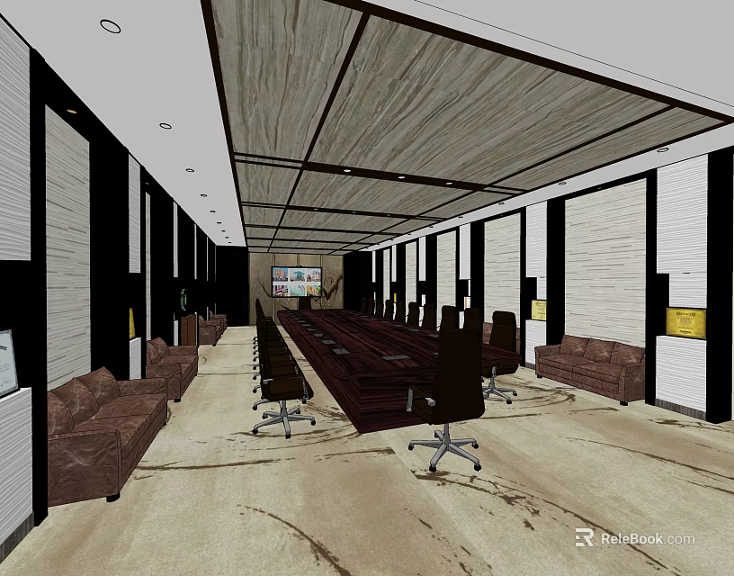 Conference Room Interior With Long Table Comfortable Chairs Sofas And Projection Screen 3d model 