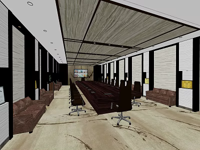 Conference Room Interior With Long Table Comfortable Chairs Sofas And Projection Screen 3d model