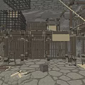 Cartoon Scene Interior With Wooden Structures Stone Walls Two Levels Stone Floor Furniture And Tools