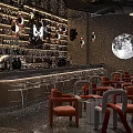 Modern Bar Interior Featuring Red Chairs Round Moon Decoration Arched Passageway And Ocean Wave Screen
