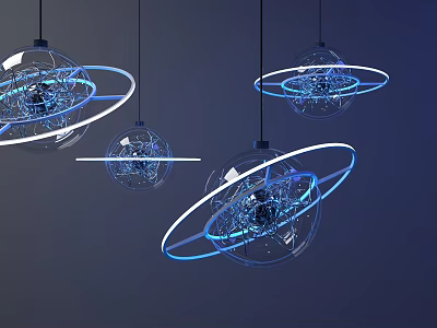 Futuristic Transparent Glass Sphere Chandelier With Blue Light And Circular Rings Design 3d model