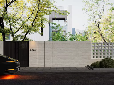Modern Stone Building Exterior Wall With Black Gate Number 5-803 And Surrounding Trees Greenery 3d model