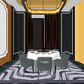 Elegant Private Dining Room Interior With Round Table Chairs Chandelier Decorative Walls And Patterned Rug