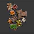 Fresh Orange Red Green Fruits in Wooden Barrels Crates with Sacks and Salt Bags