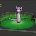 Blue And White Snake Like Creature In Green Grassy Area With Red Eyes