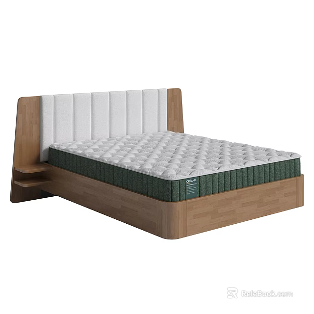 Double Bed With Upholstered White Headboard Natural Wooden Frame And Comfortable Mattress 3d model 
