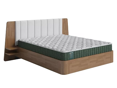 Double Bed With Upholstered White Headboard Natural Wooden Frame And Comfortable Mattress 3d model