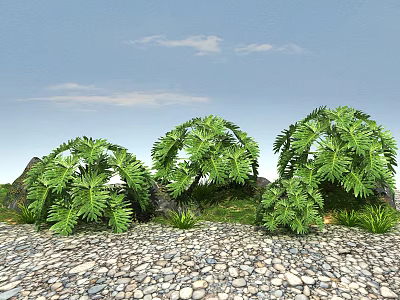 Lush Green Plants With Blue Sky Clouds Pebble Ground Small Stones And Grass 3d model