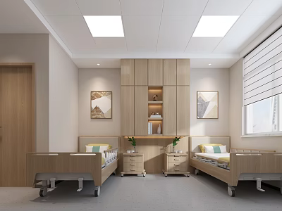 Modern Hospital Outpatient Clinic Waiting Area With Wooden Cabinets Wall Art And Windows 3d model